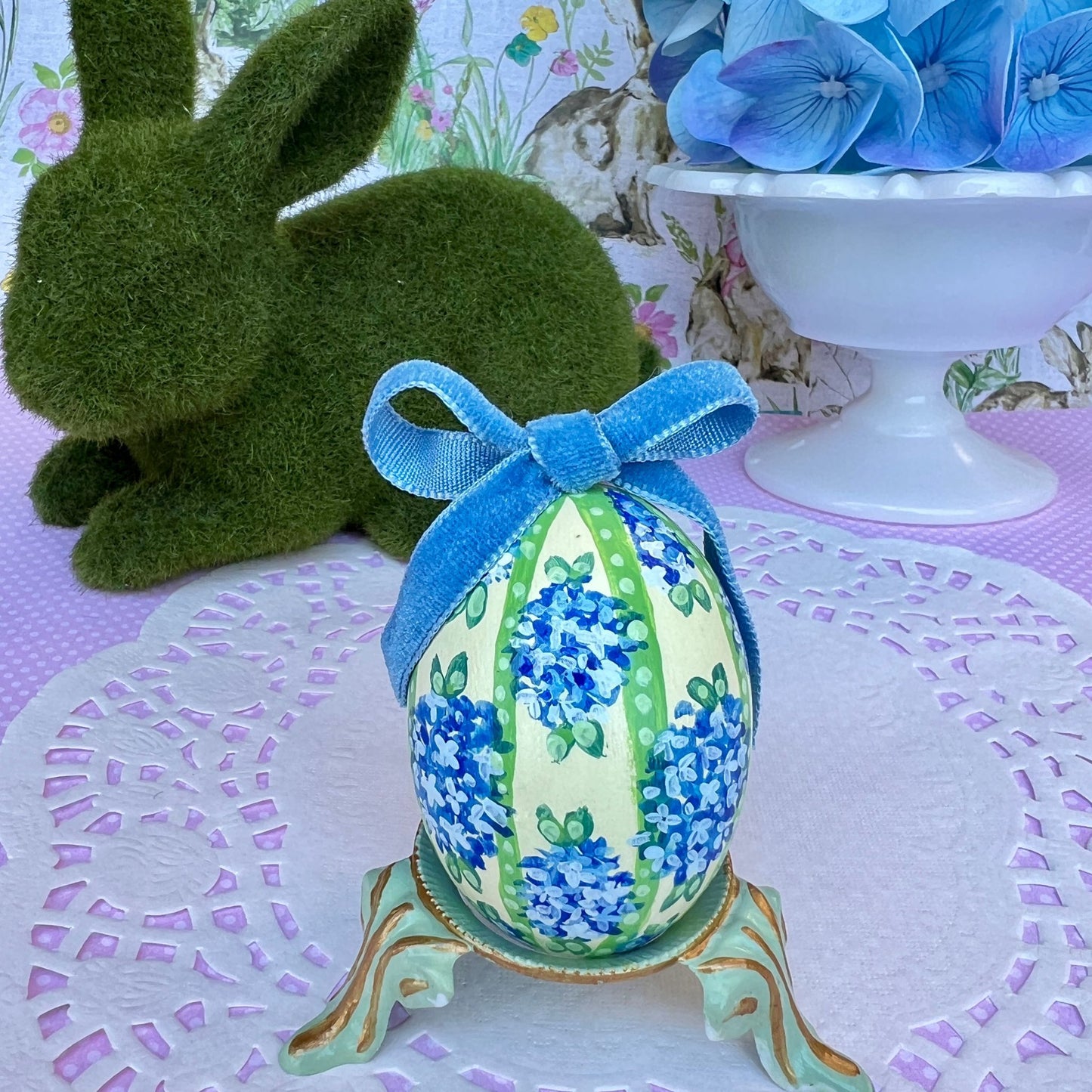 Small Hand Painted Egg With Blue Hydrangeas on a Soft Yellow Background