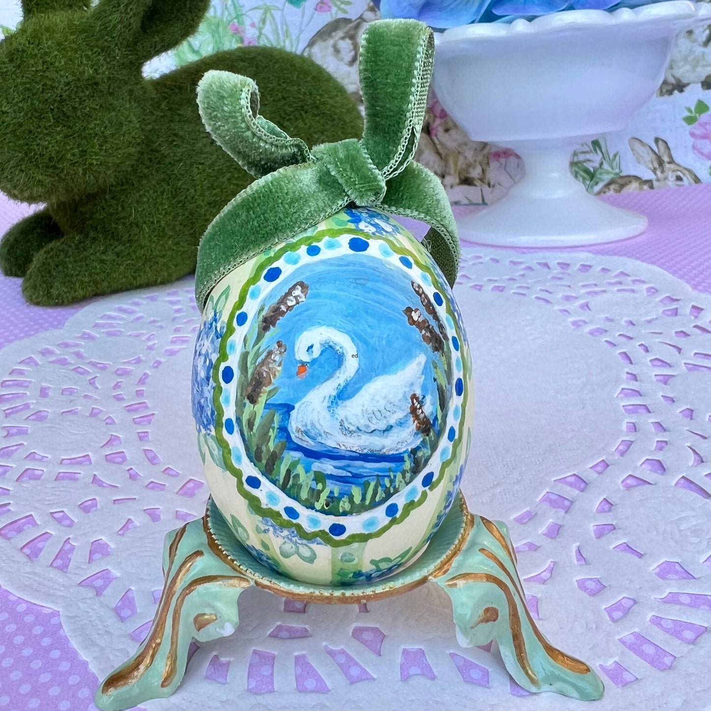 Small Hand Painted Egg Featuring an Elegant Swan on a Hydrangea Background