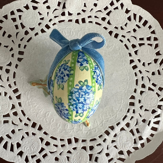 Small Hand Painted Egg With Blue Hydrangeas on a Soft Yellow Background