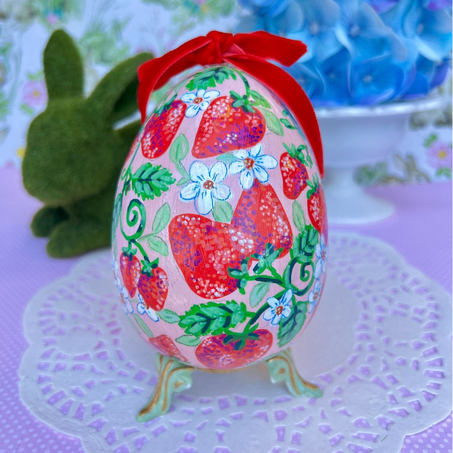 One of a Kind Hand Painted Egg with Strawberries