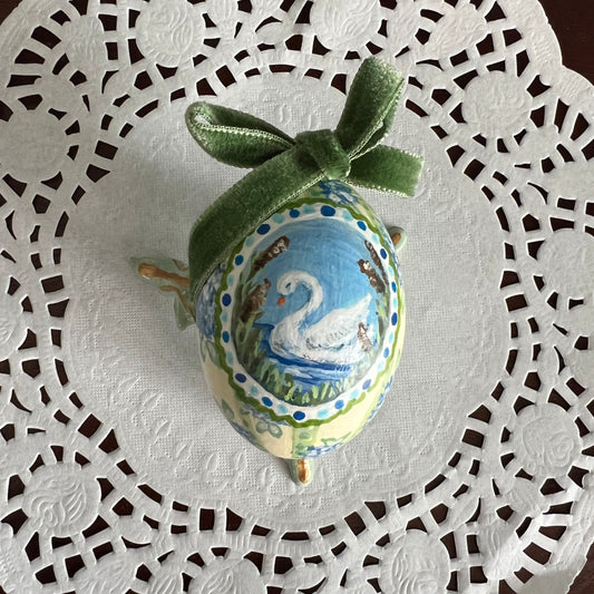 Small Hand Painted Egg Featuring an Elegant Swan on a Hydrangea Background
