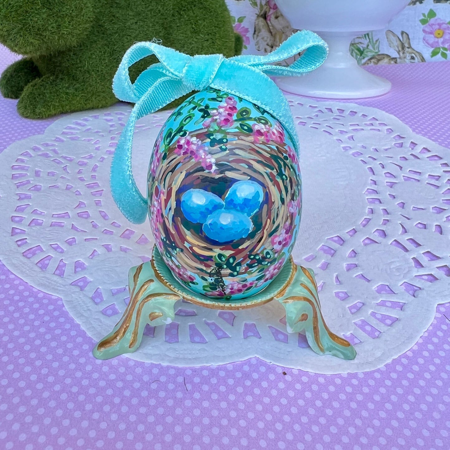 Small Hand Painted Egg Featuring a Spring Bird Nest