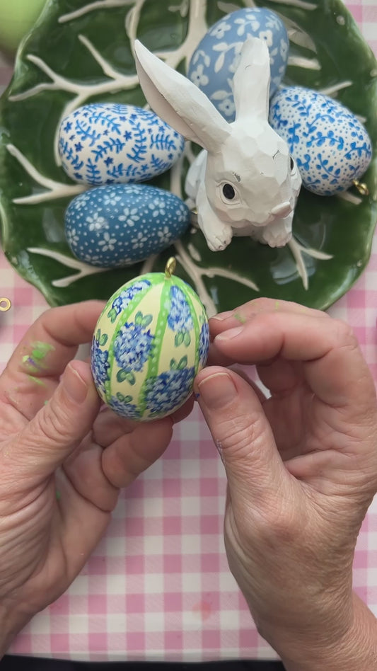 Small Hand Painted Egg With Blue Hydrangeas on a Soft Yellow Background