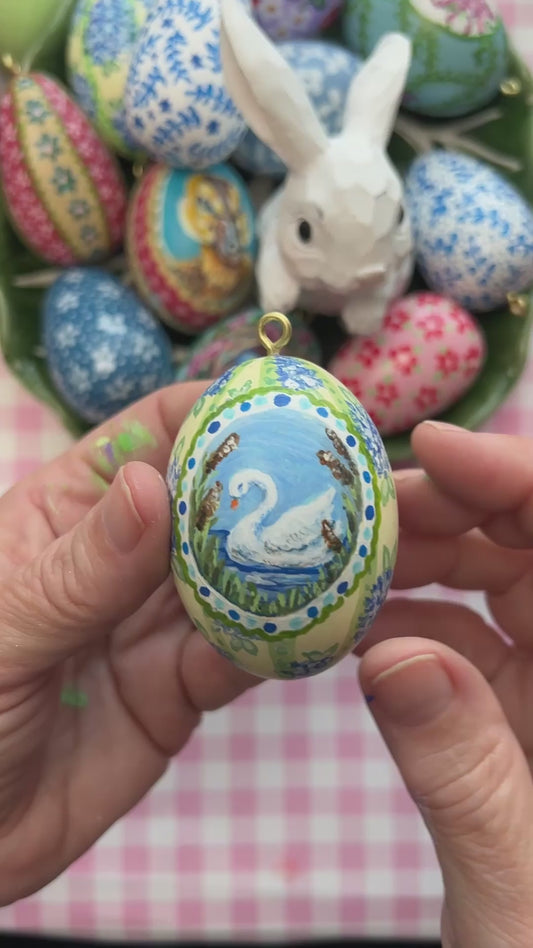 Small Hand Painted Egg Featuring an Elegant Swan on a Hydrangea Background