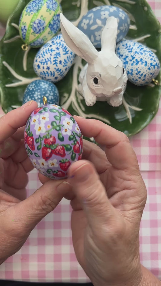 Small Hand Painted Egg Featuring Strawberries on a Lavender Background