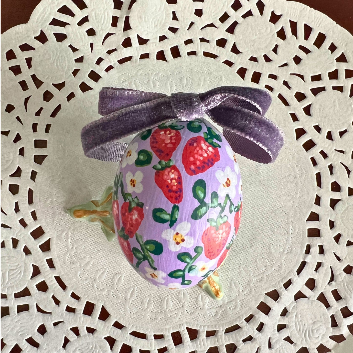 Small Hand Painted Egg Featuring Strawberries on a Lavender Background